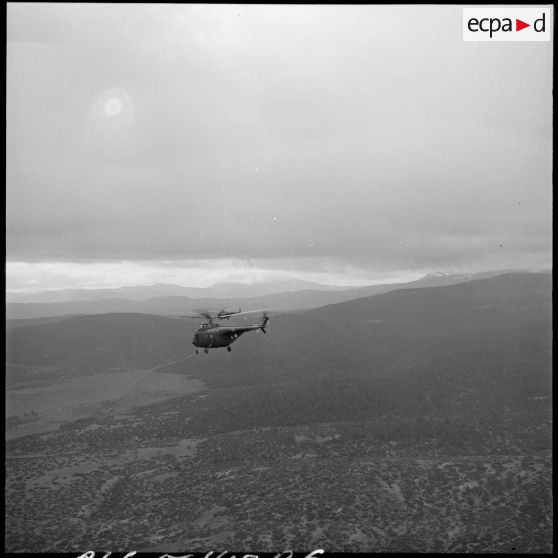 Hélicoptère Sikorsky H-19 survolant le Djebel Chelia lors d'une opération combinée du 1er régiment de chasseurs parachutistes (RCP).