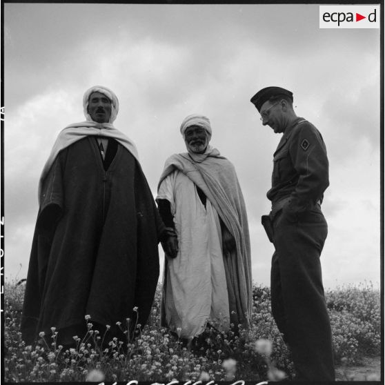 Entretien entre le capitaine commandant la 57e compagnie des transmissions (CTrs) et deux hommes Algériens d'une mechta au sud de Sétif.