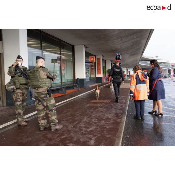 Des soldats sécurisent une zone de colis suspect aux côtés d'agent aéroportuaires à Orly.