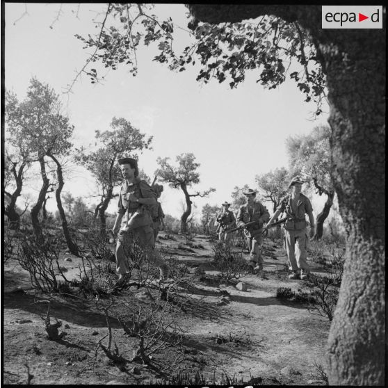 Le caporal-chef Constantin et les soldats Geay et Donatoni progressent dans le djebel Zouarha.