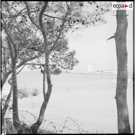 Vue sur la jetée et la mer depuis l'intérieur du centre de repos de la 9e DI à Tenes.