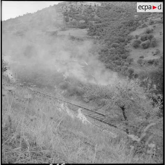 Vue d'un incendie volontaire aux abords des voies de chemin de fer.