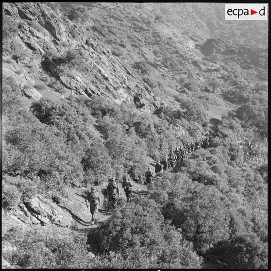 Une colonne du 2e régiment de parachutistes coloniaux (RPC) menée par le colonel Château-Jobert progresse dans la montagne Chréa.