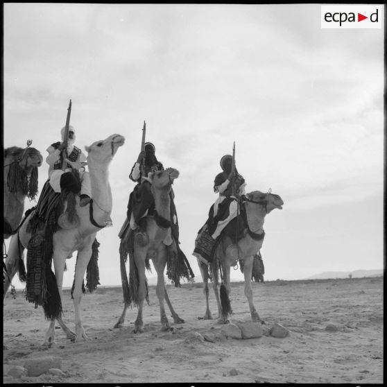 Touaregs du 2e peloton monté de la compagnie méhariste du Tassili (CMT) sur leurs dromadaires au Fort Tarat.