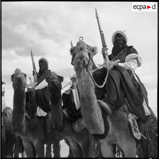 Touaregs du 2e peloton monté de la compagnie méhariste du Tassili (CMT) sur leurs dromadaires au Fort Tarat.