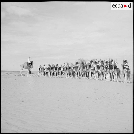 Le 2e peloton monté de la compagnie méhariste du Tassili (CMT) en rang face à leur commandant au bordj Tarat.