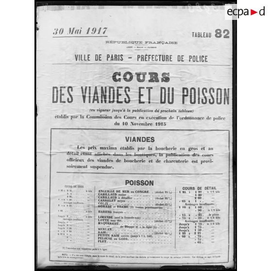 Paris, affiche, cours des viandes et du poisson. [légende d'origine]