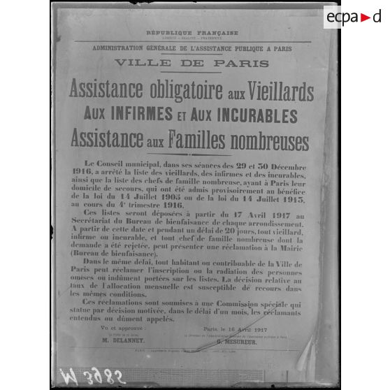 Paris, affiche, assistance aux vieillards infirmes et aux familles nombreuses. [légende d'origine]