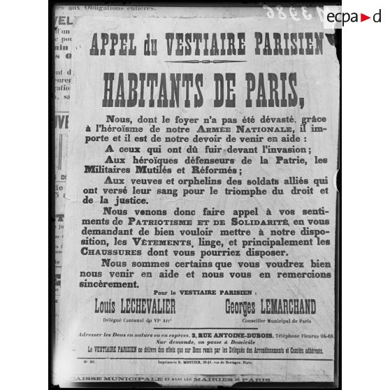 Paris, affiche, appel du vestiaire parisien. [légende d'origine]