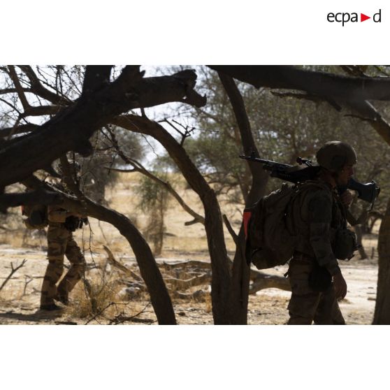 Des soldats du 16e bataillon de chasseurs (16e BCh) ratissent un ouadi dans le gourma malien.