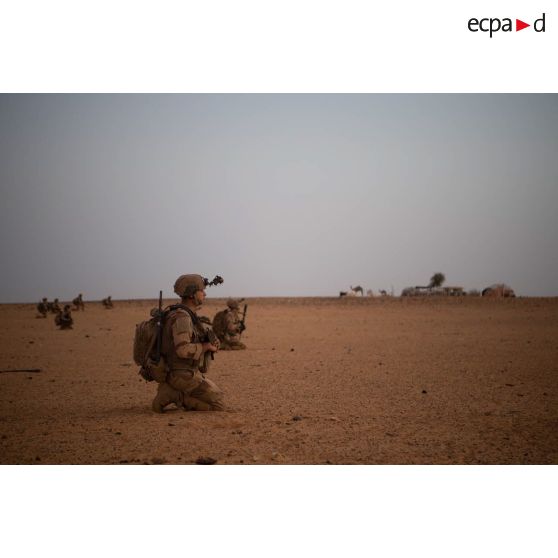 Un groupe de soldats tient une position aux abords d'un village à fouiller dans le Gourma malien.