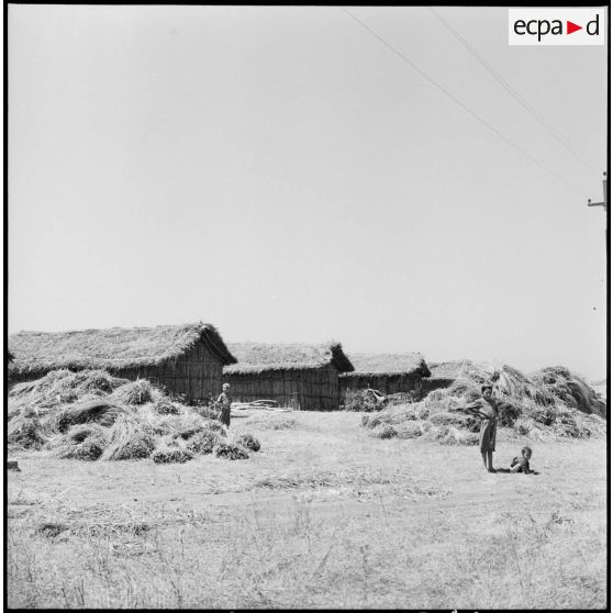 Des enfants devant les maisons du centre de regroupement de Taher El Achouet.