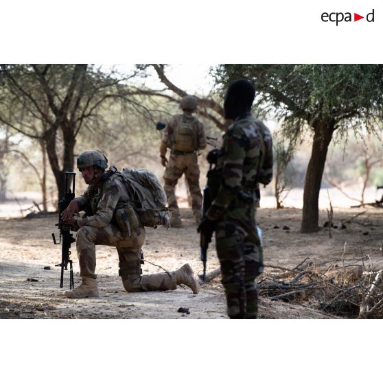 Des soldats français et nigériens ratissent un ouadi dans la région de Fadar-Fadar, au Burkina Faso.