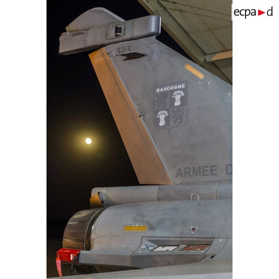 Insigne de l'escadron de chasse 1/4 Gascogne sur la dérive d'un avion Rafale sur la base aérienne projetée (BAP) en Jordanie.