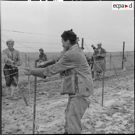 Ouvriers français-musulmans construisant le réseau de barbelés.