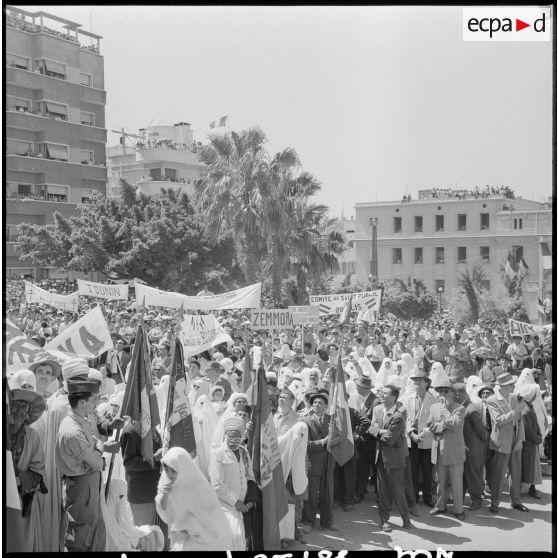 La foule massée devant la mairie de Mostaganem pour voir les généraux Salan, Massu, Jouhaud, Jacques Soustelle et Chérif Sid Cara.