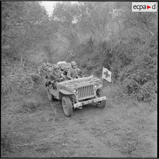 Rouïba. Transport des blessés en jeep ambulance.