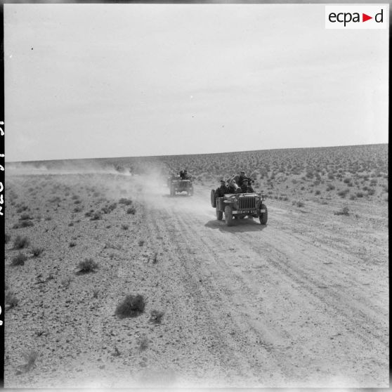 Hassi R'Mel. Opération Violet. Les soldats sur la route à bord des jeeps.