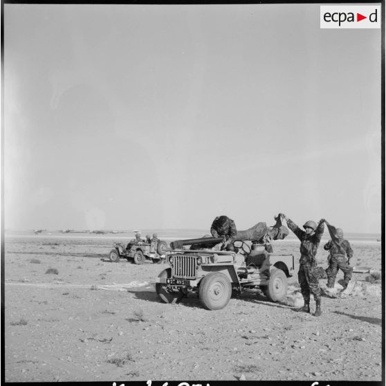 Hassi R'Mel. Opération Violet. Les soldats récupèrent les jeeps et le matériel.