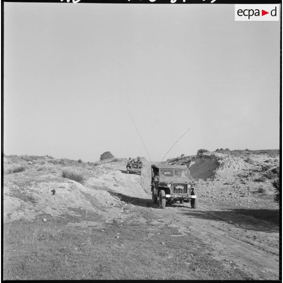 Opération Saïda n°1. Soldats en opération à bord de deux jeeps. La première jeep est une ITM de 1956 d'après son immatriculation. Elle est équipée Radio.d'une Dodge WC 52.