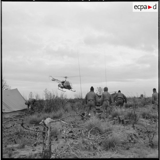 Opération Saïda n°1. Un hélicoptère Bell 47 G arrive au poste de commandement.