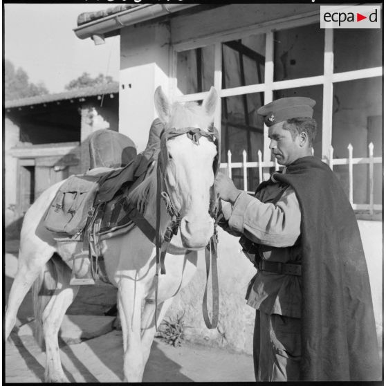 Ponteba. Le soldat classe 57/2/A prépare le harnachement de son cheval pour le départ.