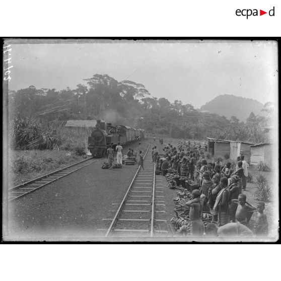 Manjo. Arrivée d'un train en gare. [légende d'origine]