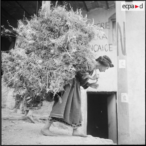 Une vieille femme dans une rue du village de montagne porte une charge d'herbe sèche sur le dos.