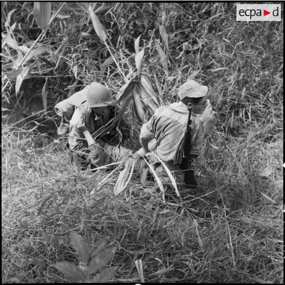 Au cours d'une reconnaissance au nord de Diên Biên Phu, des parachutistes du 8e bataillon de parachutistes de choc (BPC) transportent un soldat vietminh blessé vers l'arrière pour le faire soigner.