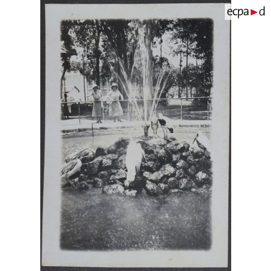 [Deux femmes dans un parc observent une fontaine].