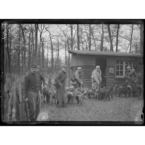 Maison-Lafitte, la société nationale du chien sanitaire et de guerre. Chiens sanitaires - préparatifs de départ. [légende d'origine]