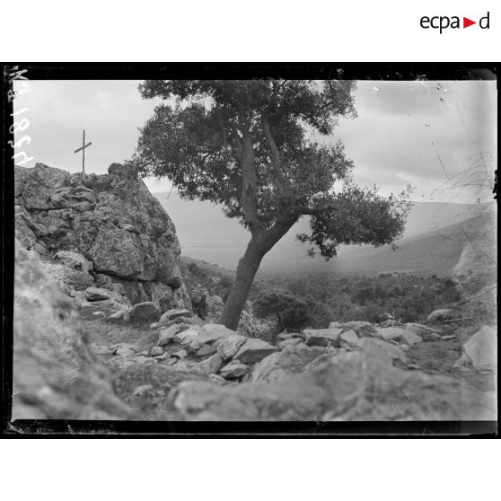 Région de Vasilika. Les rochers au milieu desquels s'ouvre le sentier qui conduit au monastère de Saint-Anastase. [légende d'origine]