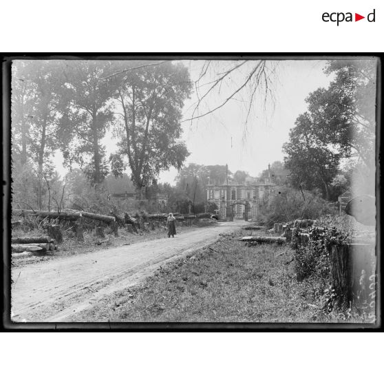 Robecourt, près Hombleux (Somme). Allée d'accès au château, arbres détruits. [légende d'origine]