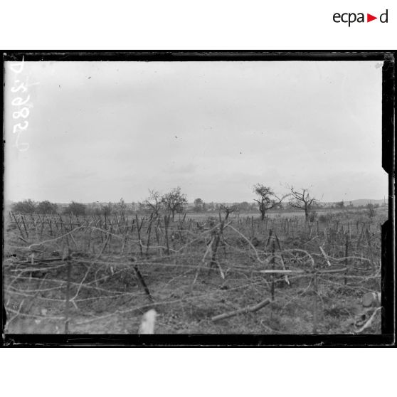 Vue prise sur le village de Lassigny, occupé par les Allemands. Vue prise de l’abri des mitrailleuses des 1ères lignes françaises (tranchée n°4), au 1er plan, les défenses françaises. [légende d'origine]