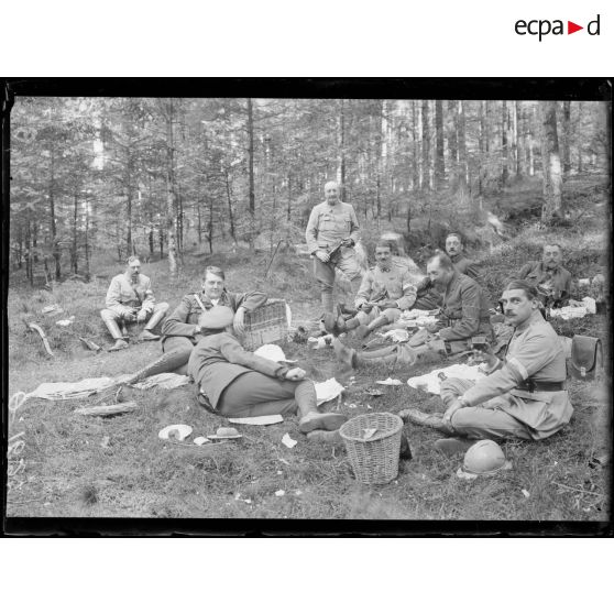 [Des autorités militaires déjeunent sur l'herbe, en forêt.]