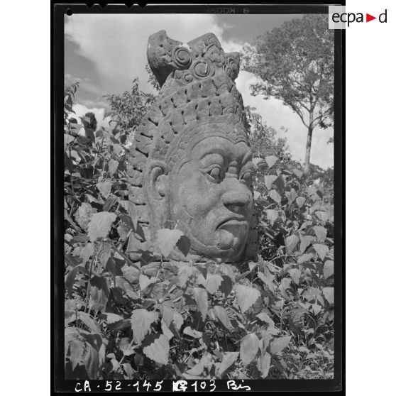 Tête d'Assura (démon), de la balustrade devant la porte dite des Morts, enceinte Est d'Angkor Thom.