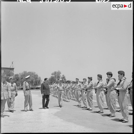 Le général Salan et Jacques Soustelle devant un détachement de l'armée de l'air, à Oran.