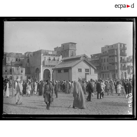 Port-Saïd, 7h20. La foule près d'un trou de bombe. [légende d'origine]