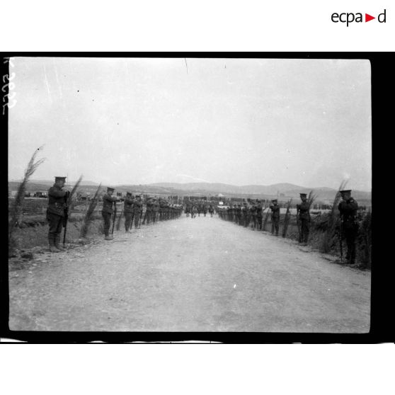 Salonique. Funérailles de Miss Harley, sœur du Maréchal French. Haie formée par les soldats anglais. [légende d'origine]