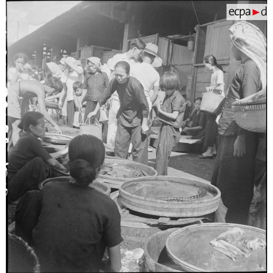 Des vendeurs de poisson frais sur un marché de Saigon.