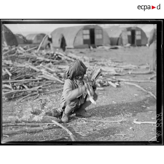 Camp d'aviation d'Azelot, corvée de bois. [légende d'origine]