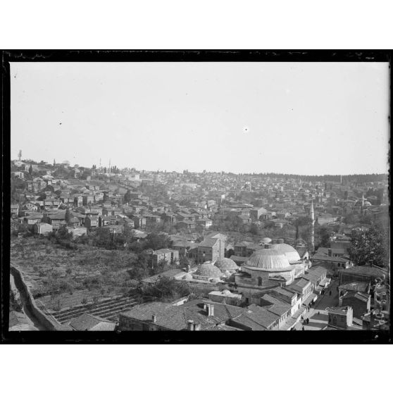 [Panorama sur une ville ; mosquée au premier plan].