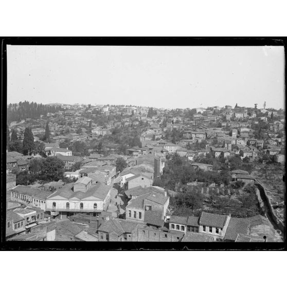 [Vue en hauteur sur une ville, ses habitations et ses jardins].