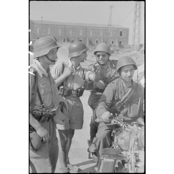 Dans le secteur de Catane en Sicile, la rencontre entre des fantassins du Panzer-Grenadier-Regiment Hermann Goering et des Italiens d'une unité d'infanterie.