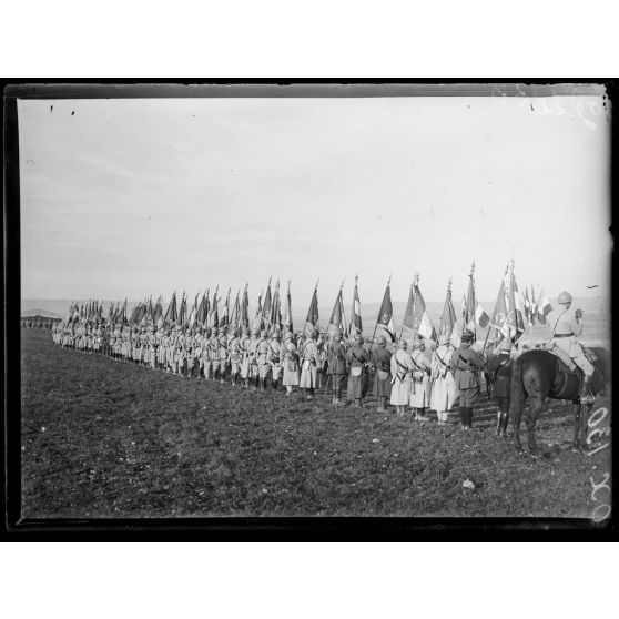 Souilly (Meuse), revue en présence du roi d'Italie. Les drapeaux de Verdun. [légende d'origine]