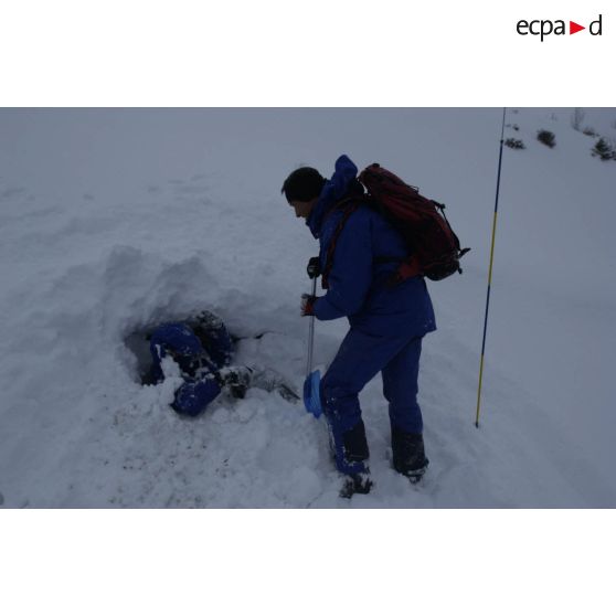 Un maître-chien du PGHM (peloton de gendarmerie de haute montagne) et son chien découvrent une victime ensevelie sous la neige, lors d'un exercice de recherche après avalanche à Pierrefitte-Nestalas (Hautes-Pyrénées).