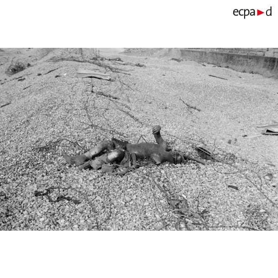 Sur la plage de Dieppe après le raid du 19 août 1942 de l'opération Jubilee, le cadavre d'un soldat canadien.