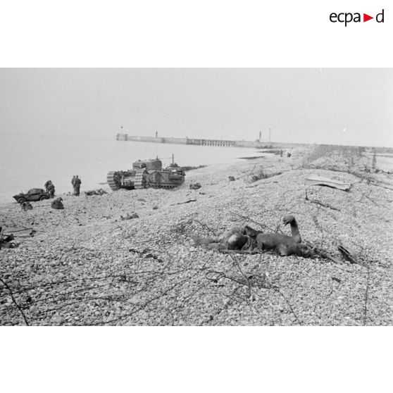 Sur la plage de Dieppe après le raid du 19 août 1942 de l'opération Jubilee, les cadavres des soldats canadiens et les carcasses des blindés.