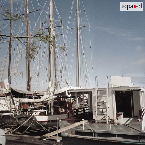 Voilier et bateau de plaisance au port à Tahiti.