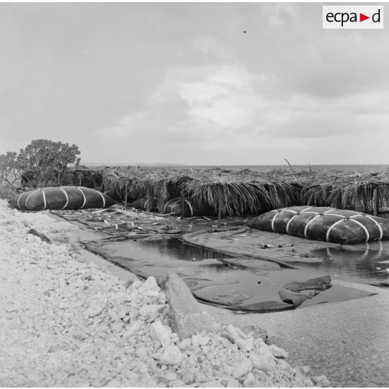 Bacs souples d'eau protégés par des toits de feuillages. Peut-être sur l'atoll d'Hao.